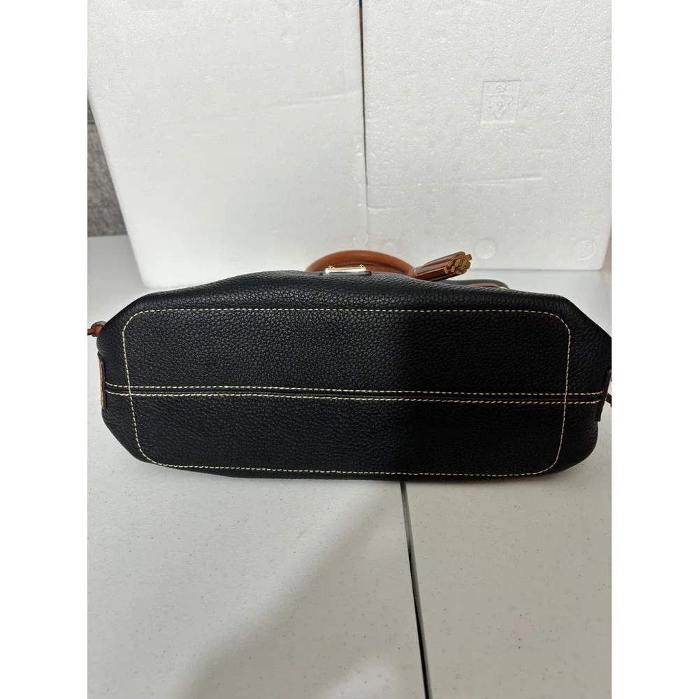 Dooney & Bourke Black Pebble Leather Drawstring Satchel Handbag‎ Tan Trim